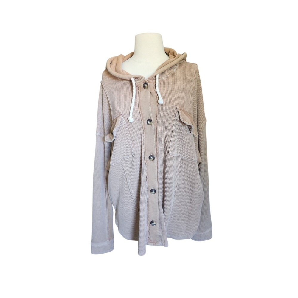 American Eagle Oversized Hooded Shacket Womens XXL Tan Waffle Knit Indie Casual